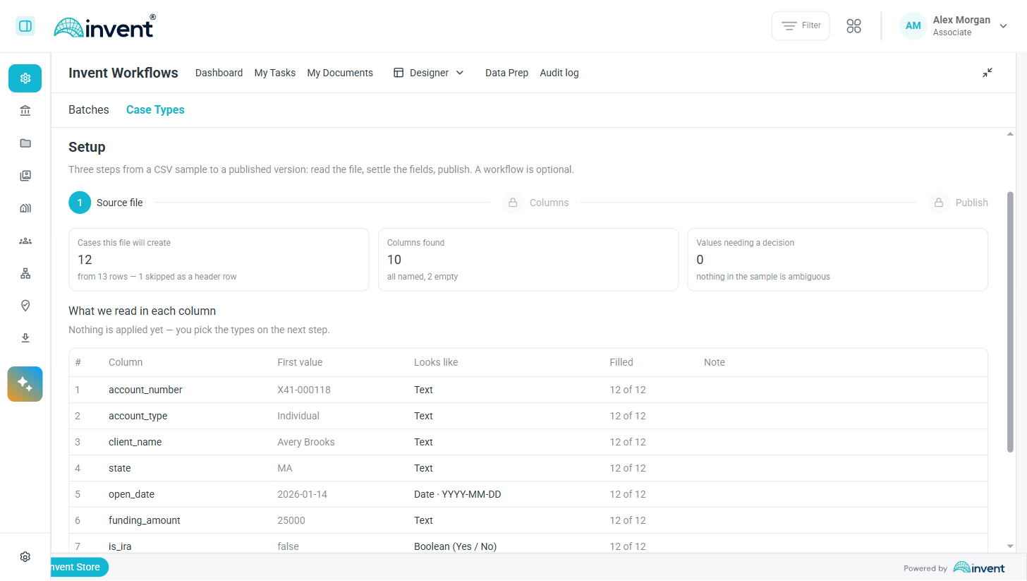 Case Type setup, step one: what was read in each column