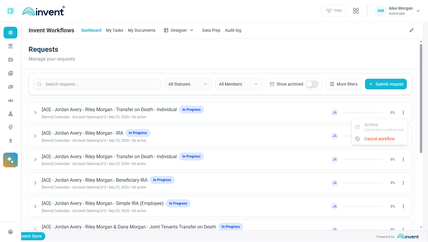 Archive and Cancel on a dashboard row, with Archive disabled on a running workflow