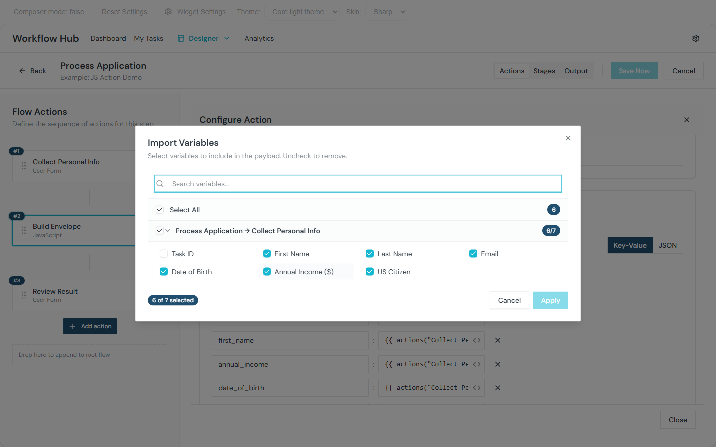 Import Variables modal