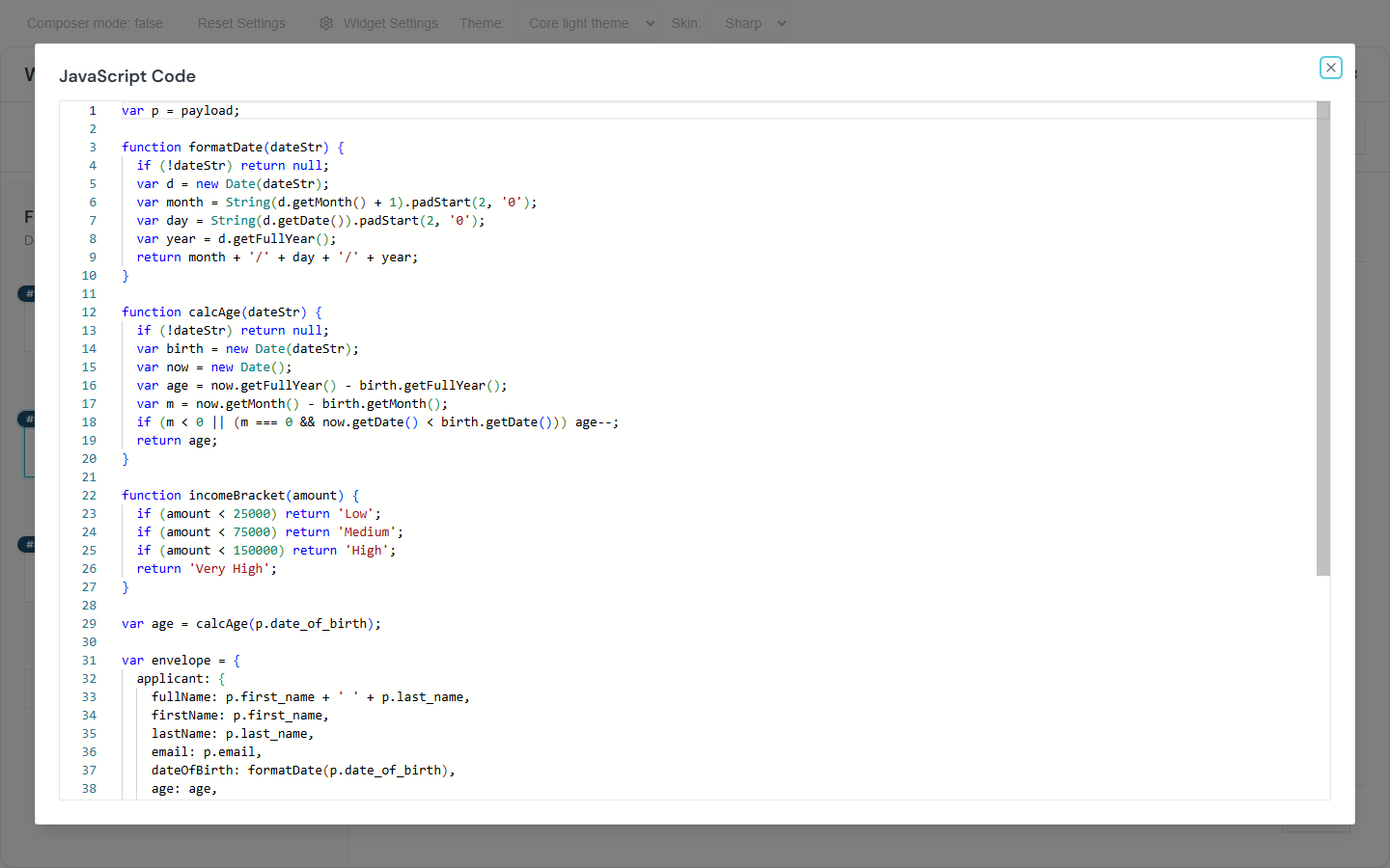 JavaScript editor in modal mode