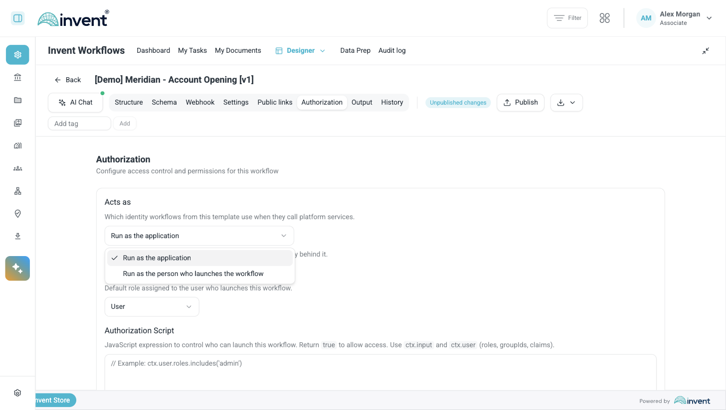The "Acts as" setting on the Authorization tab