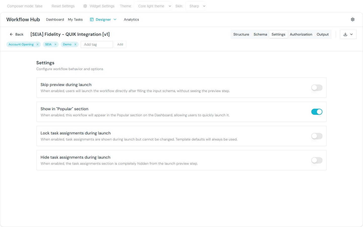 Template settings tab