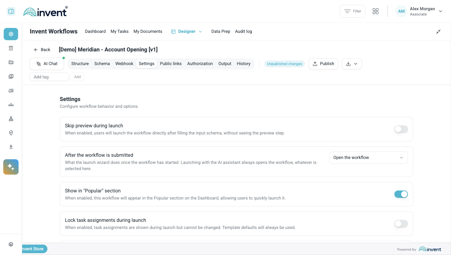 Template settings, including what happens after the workflow is submitted