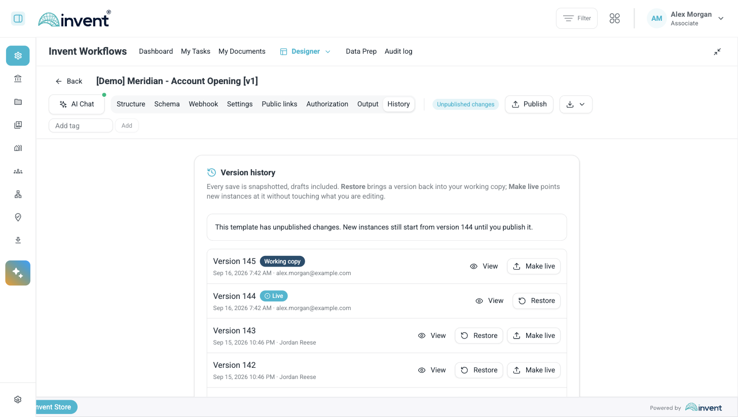 Version history for a workflow template